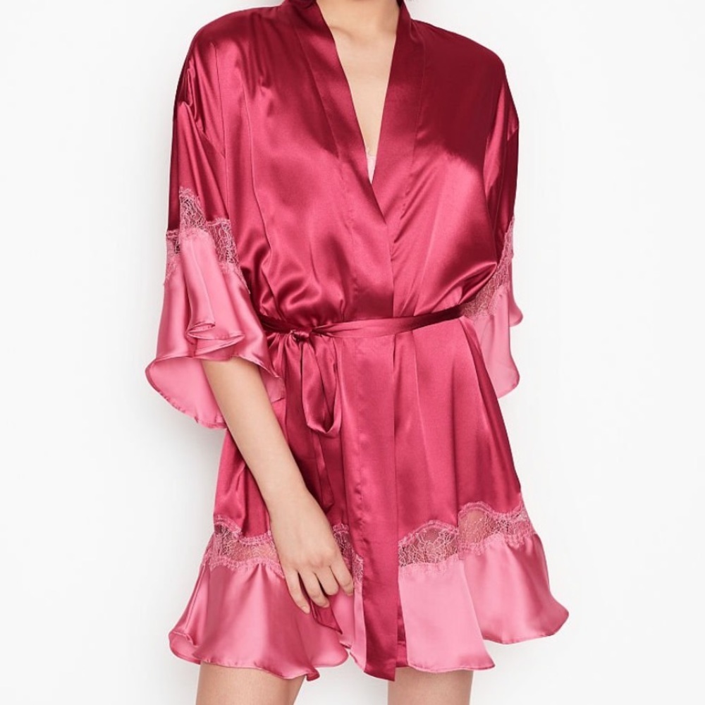 Victoria's Secret Flounce Dressing Gown Robe Kimono Lace Ruffle Satin M/L